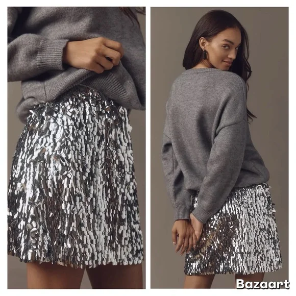 NWT Anthropologie Mare Mare Long Sleeve Knit Sequin Twofer Mini Dress Sz S - Picture 3 of 10